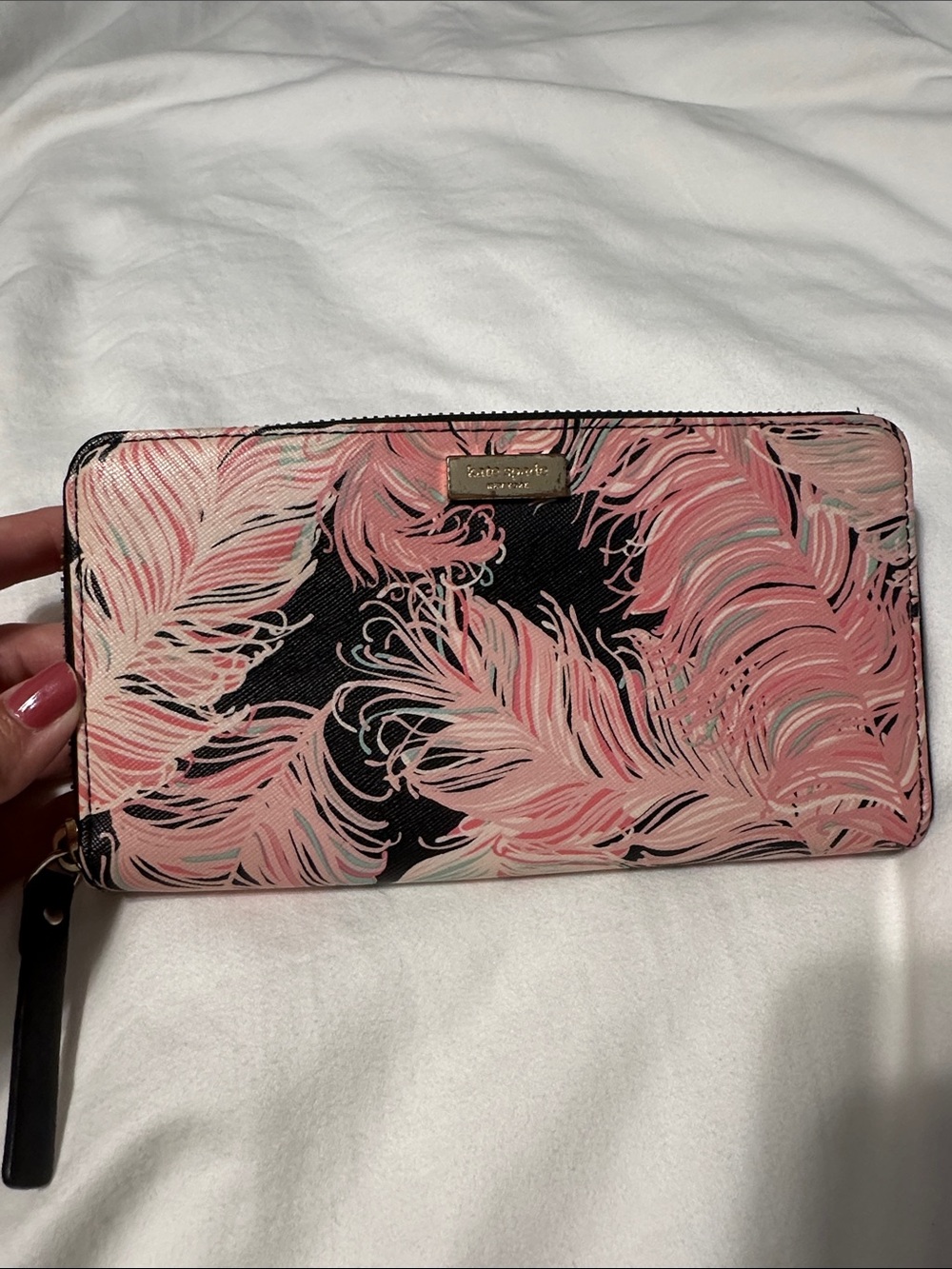 kate spade Black and Pink Feather Print Zip Wallet
